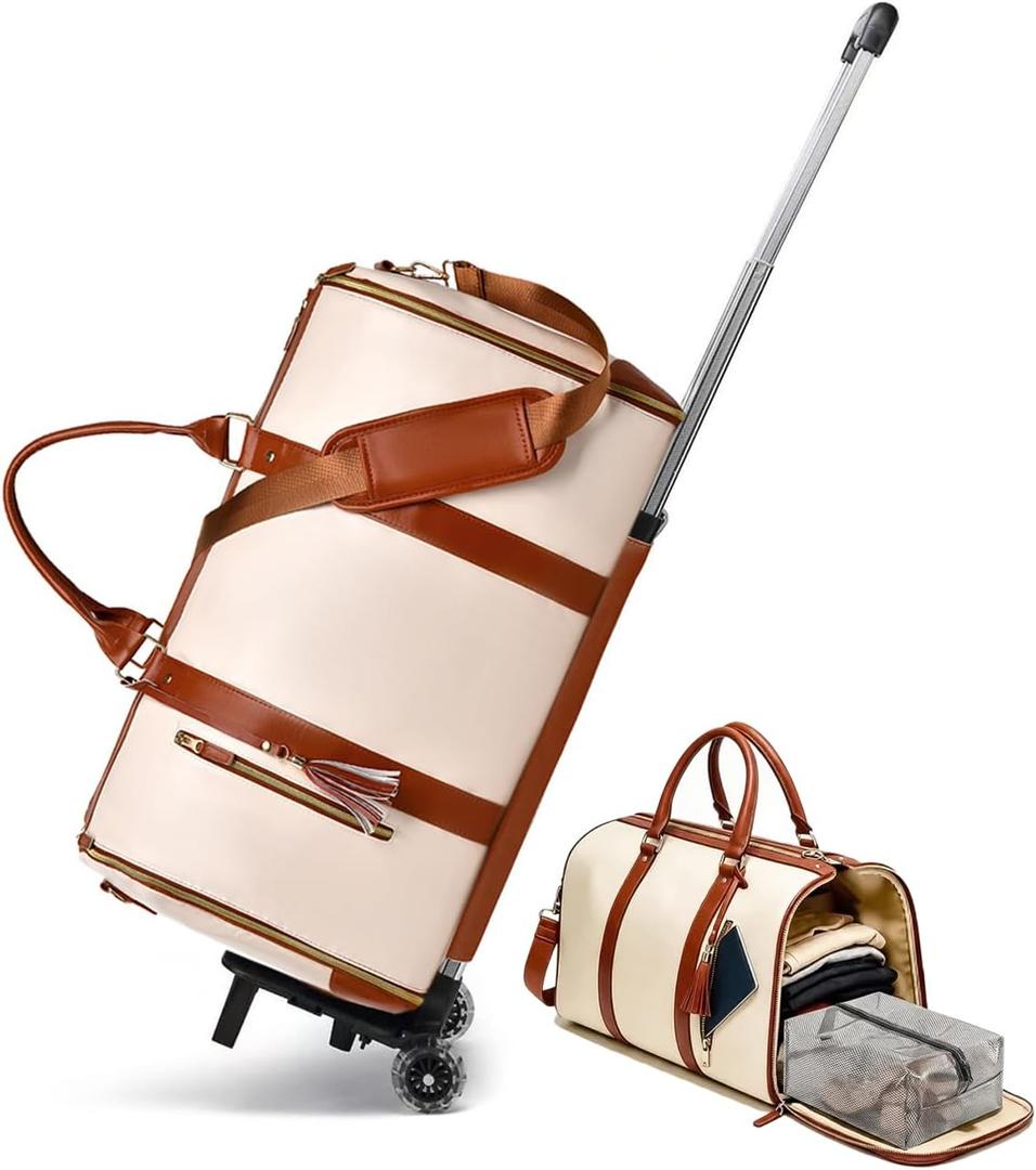 3 in 1 Convertible Garment Duffle Bags for Travel 45L Smooth Zipper Rolling Duffle Bag With Wheels Waterproof Carry On Duffle Bag for Men&Women with Weekends Weddings Business Short Trips Beige