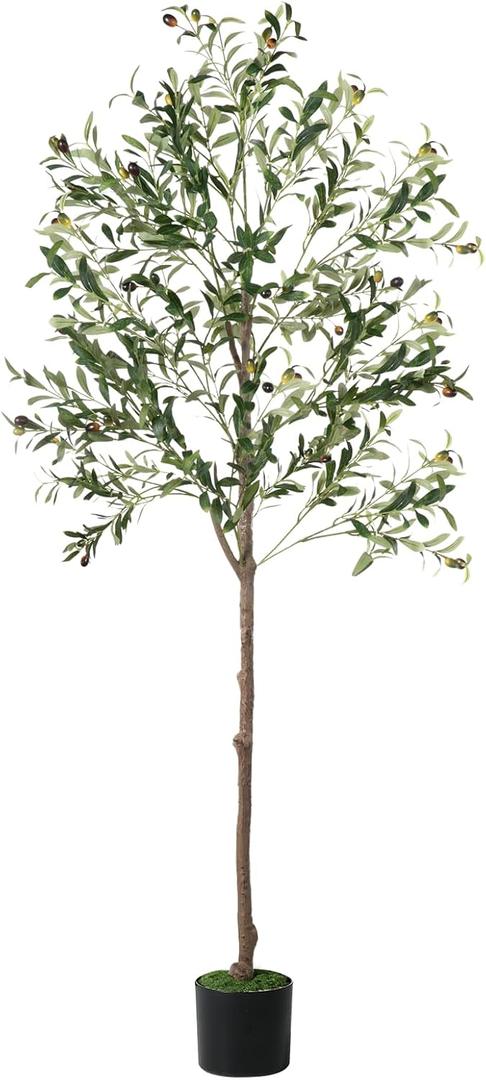 Olive Tree, 6FT Tall Faux Olive Tree with Lights Moss and Planter, Olive Trees Artificial Indoor with Realistic Wood Trunk and Lifelike Fruits, Fake Olive Tree for Home Office Living Room Decor