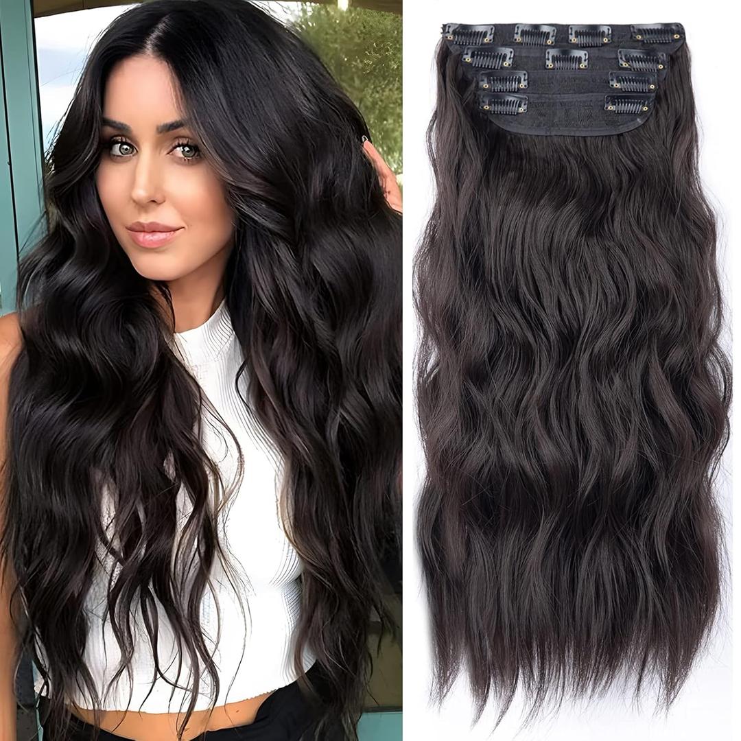 Clip in Synthetic Hair Extensions Long Wavy 4PCS Thick Hairpieces Dark Brown Fiber Double Weft Natural Hair Extensions 20 Inch for Women (4pcs, 20Inch)