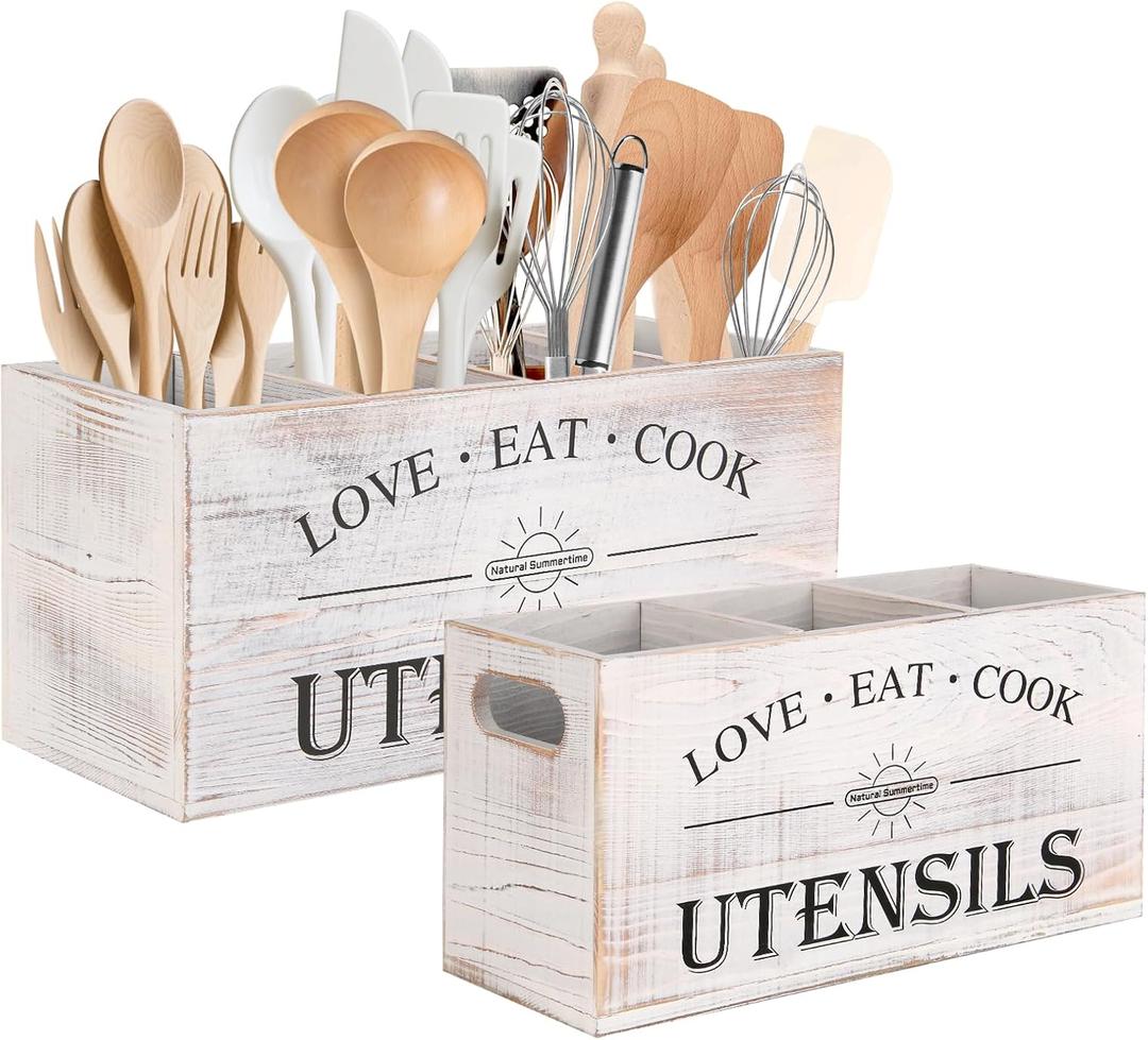 2 PC Wooden Utensil Holder,With 4-Compartments size*1 + 3-Compartments size*1 Extra Large Kitchen Counter,Cooking Spatula Organizer,Farmhouse Decor, Rustic Cooking Utensil