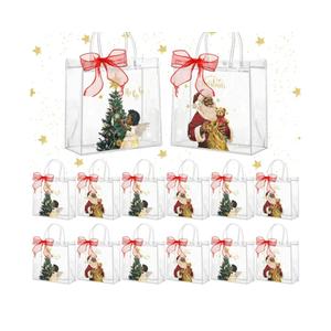 Motipuns 24 Pcs Christmas Clear PVC Gift Bags with Handles and Ribbon African American Black Santa Claus Party Favor Reusable Plastic Candy Treat Tote Bags for Merry New year Xmas Birthday Supplies