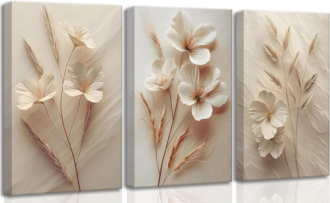 UZXTFQU 3Pcs Neutral Beige Floral Botanical Canvas Wall Art 16x24in