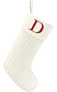 20 Inches Christmas Stockings with Initials, Knit Embroidered Letter White Christmas Stocking, Monogram Christmas Stocking for Famliy Holiday and Xmas Tree Fireplace (Letter D)