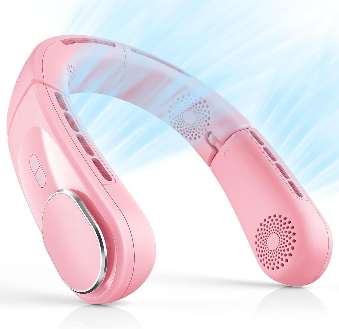 ChillGo Neck Fan - Portable, Foldable, Bladeless Personal Fan with 4 Vent Air Conditioner Effect, Strong Airflow, 5200mAh Battery for Travel and Outdoor (Pink)