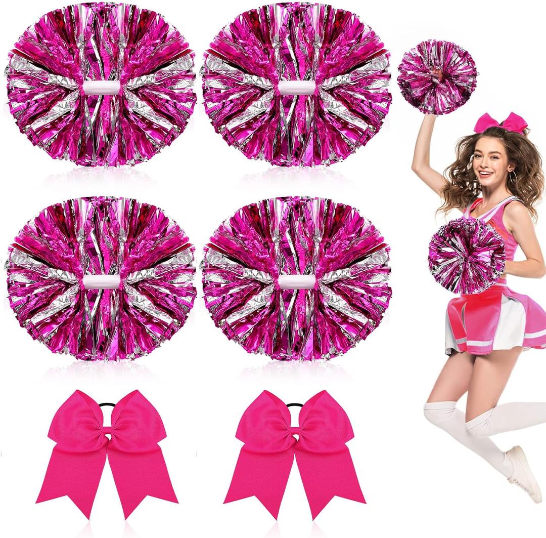 Hanaive 6 Pcs 13 Inch Cheerleading Pom Poms and Large Bows for Girl Cheer Poms Metallic Poms with Handle for Softball Dance (Pink)