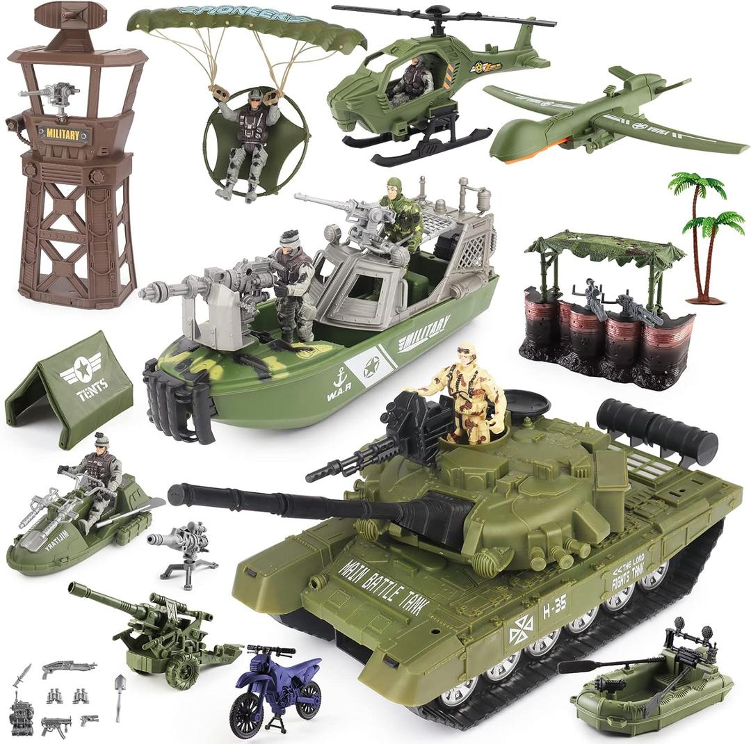 deAO Military Vehicles Toy Set: Combat Boat, Helicopter, Tank Toy with 5 Army Men Figures, Accessories - Great Army Toys for 3-5 Boys Kids