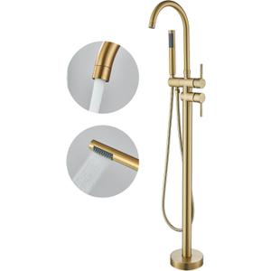Freestanding Bathtub Faucet Floor Mount Tub Filler Brushed Gold High Flow Shower Faucets with Handheld Shower Mixer Taps Swivel Spout for Bathroom