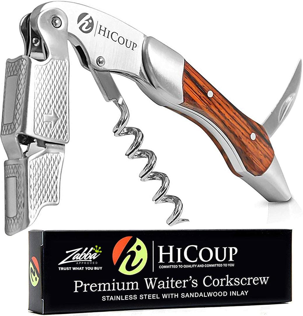 Hicoup Opener - Professional Corkscrews for Bottles w/Foil Cutter and Cap Remover - Manual Key for Servers, Waiters, Bartenders and Home Use - Stainless Steel With Sandalwood