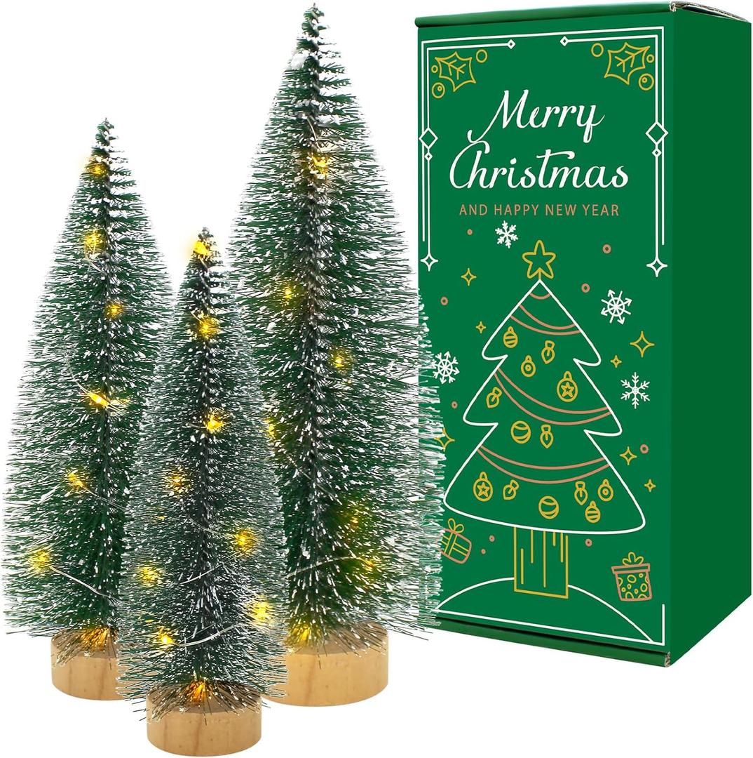 3 PCS Mini Bottle Brush Christmas Trees with Lights, Miniature Tabletop Christmas Tree for Christmas Decorations Indoor, Desktop Pine Tree Xmas Holiday Decor