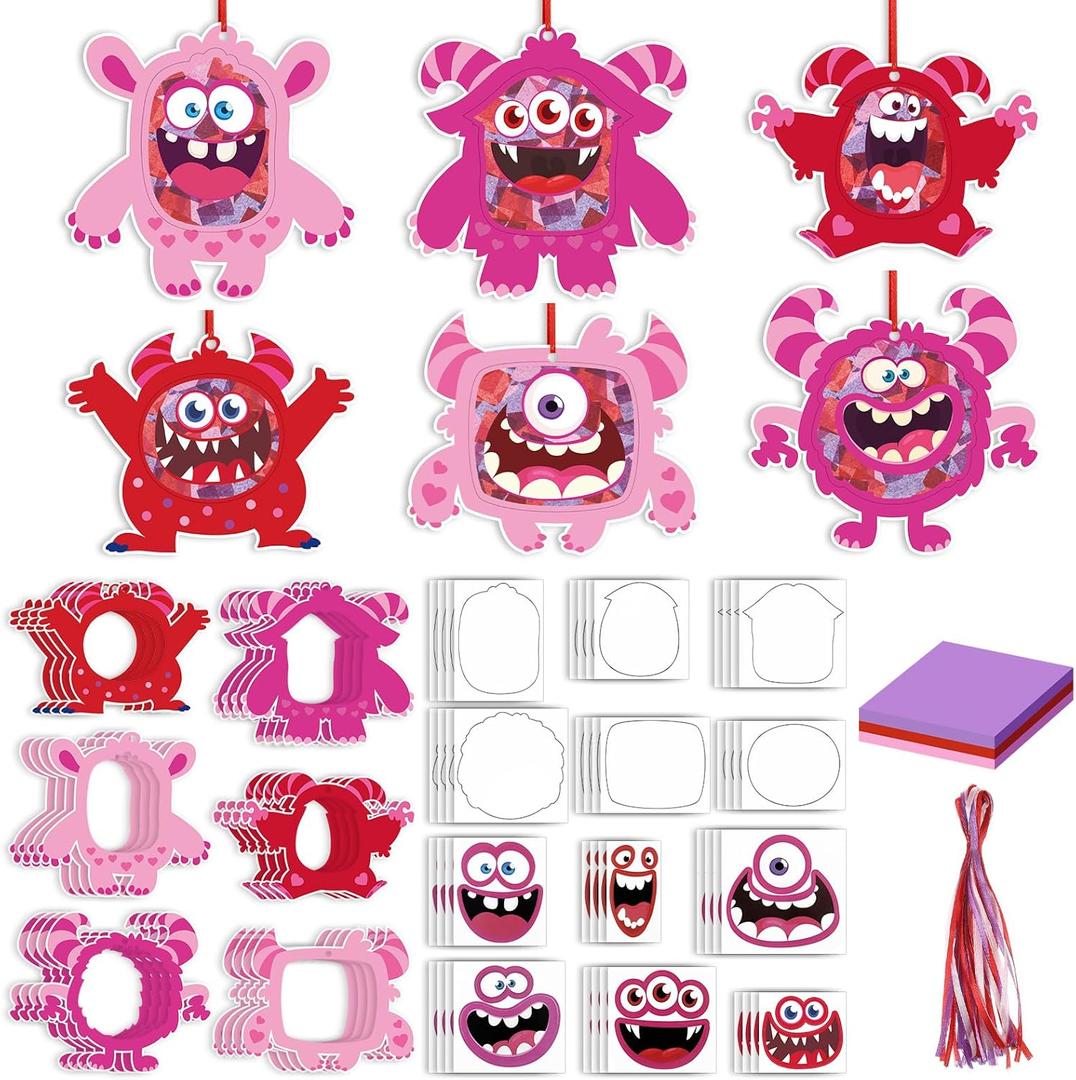 Realspring 24 Sets Monster Valentine's Day Crafts DIY Valentines Paper Crafts Tissue Paper Crafts Kit Arts Hanging Ornament for Sunday School Crafts Valentine Party Game Activities