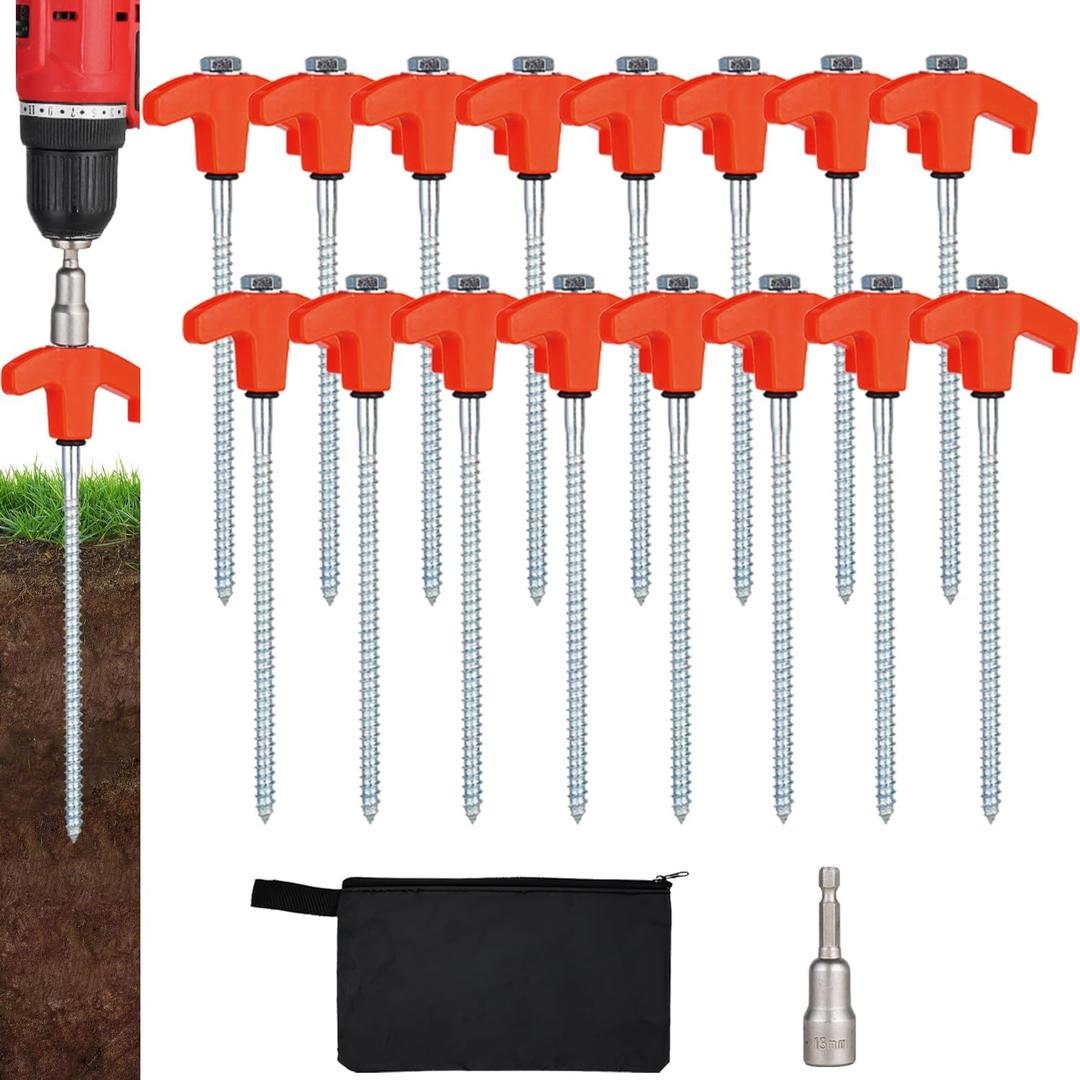 16 Pack Screw in Tent Stakes Heavy Duty,8 Inch Ground Anchors Screw in,Metal Stakes with Hex Head Driver,Camping Tent Accessories (Orange)
