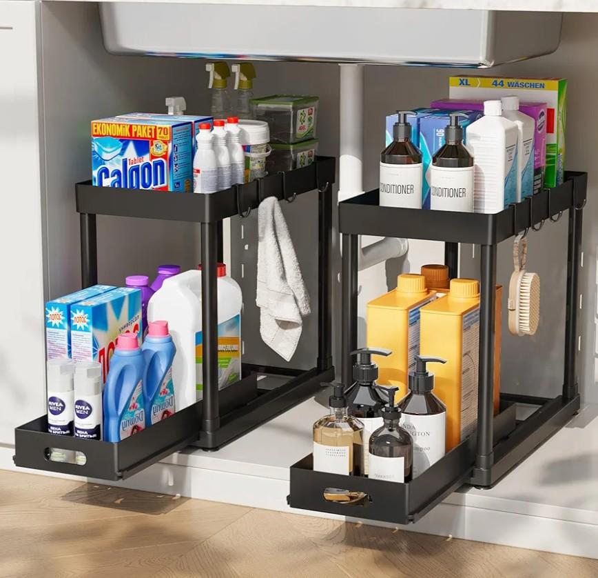 POUGNY 2 Pack Pull-Out Storage Organizers, Under Sink Organizer and Storage for Bathroom & Kitchen,Multi-Purpose Under Cabinet Organizers and storage Black