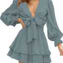 AlvaQ Womens Dresses Spring Summer Knot Front V Neck Ruffles Long Sleeve Floral Print Swing Mini Dress (Small, Slategrey)