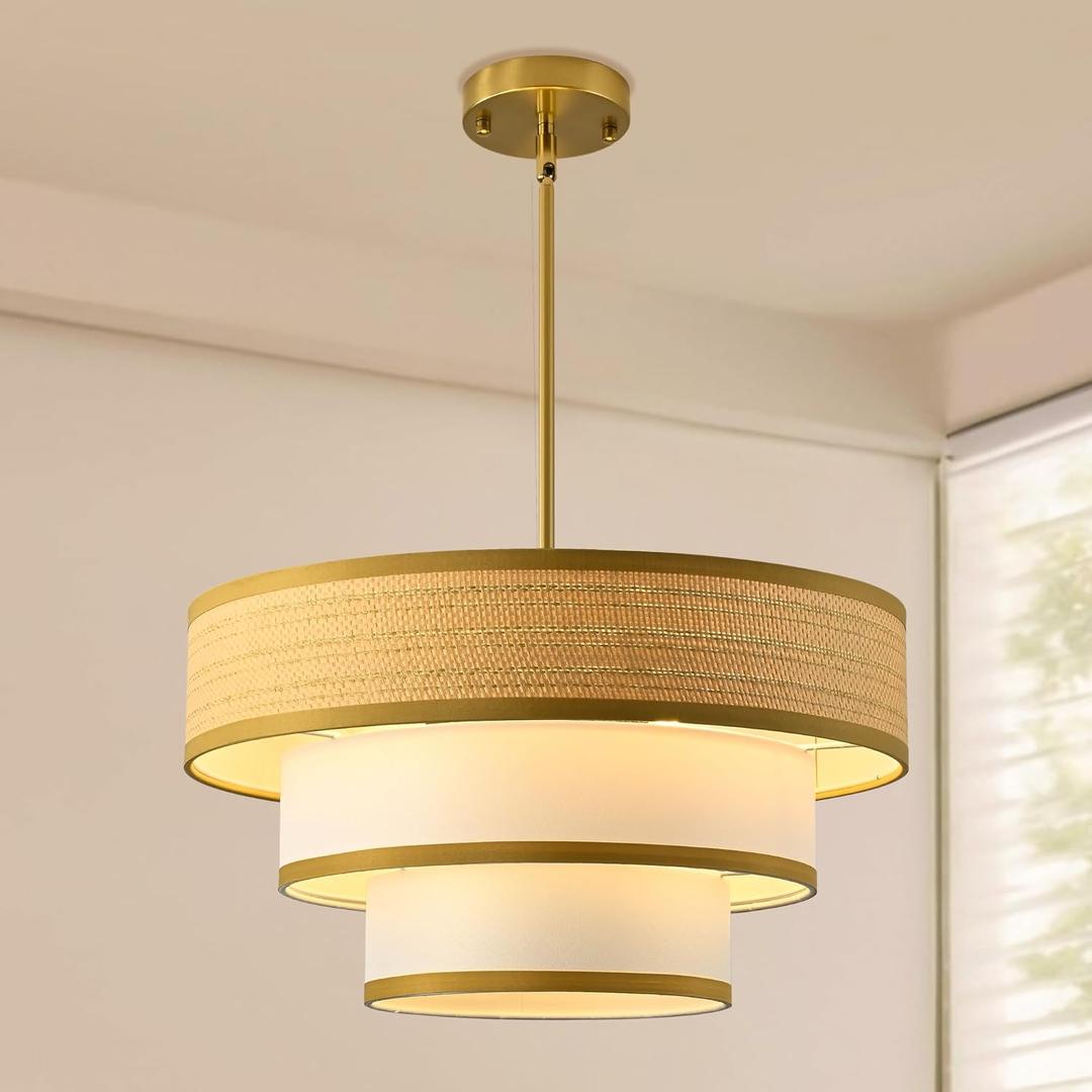 20" Golden Drum Chandelier with White Linen Lampshade 4-Light Modern Farmhouse Chandelier Light Fixture for Dining Room, Kitchen Island, Foyer, Entryway Bedroom