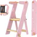 Grownsy Foldable Step Stool Toddler Tower, Toddler Kitchen Stool Helper, Collapsible Kids Standing Tower with 3 Adjustable Heights and Safety Net for Kitchen Bathroom Sink Counter (Pink)