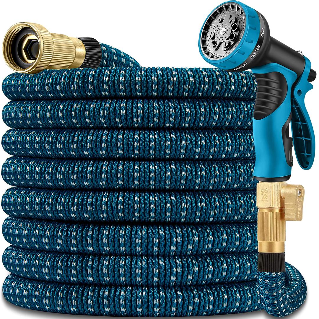100 ft Expandable Garden Hose - Durable 3750D Fabric, 4-Layer Latex Core, Solid Brass Connectors Expanding Water hoses - 10 Spray Nozzles & Convenient Storage Bag Included