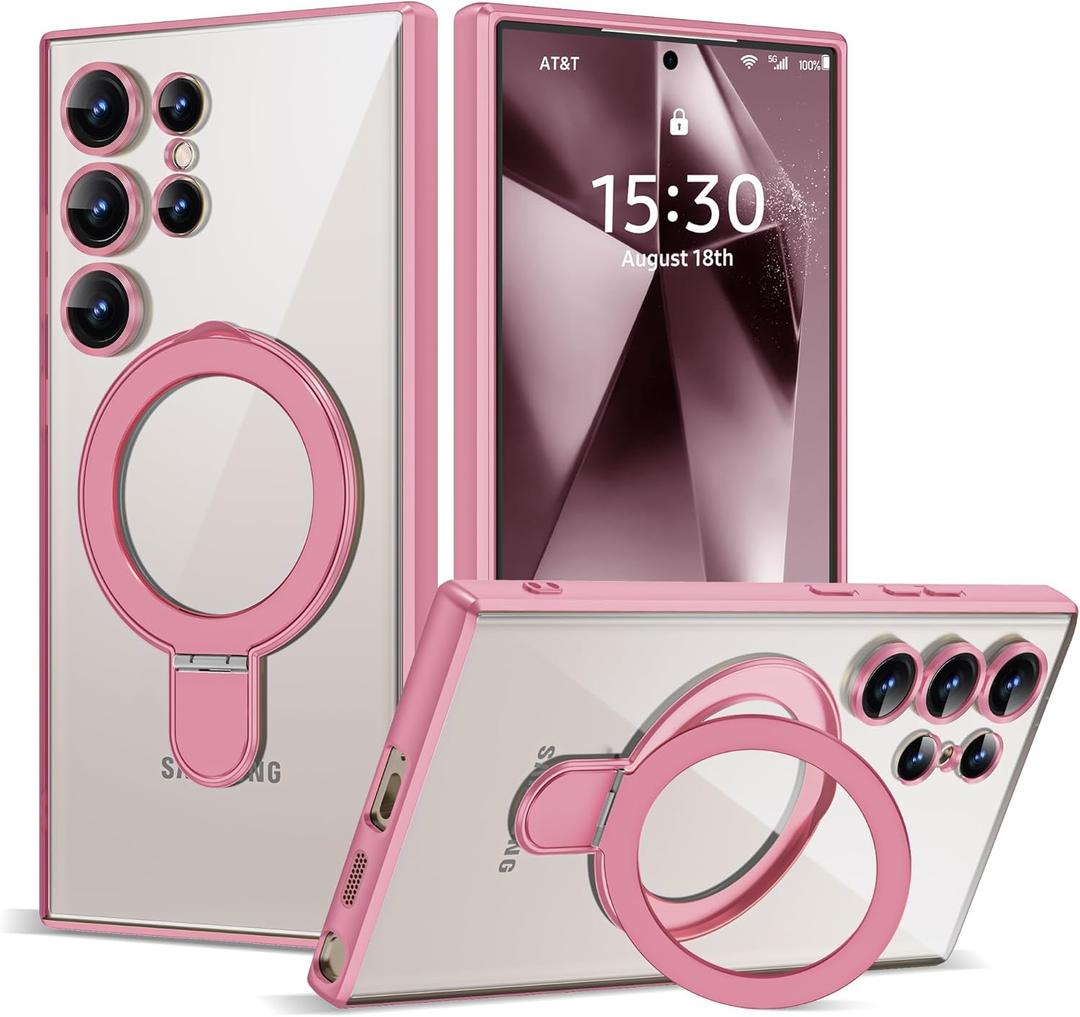 Compatible with Samsung Galaxy S24 Ultra Case with Magnetic Ring Stand [Compatible with Mag-Safe] [Full Camera Lens Protector] Plating Clear Phone Case for S24 Ultra 6.8", Pink