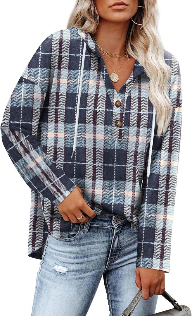 RUMIA Womens Tops V Neck Button Sweatshirt for Women Pullover Long SLeeve Shirts Fall Outfits 2025 Loose Fit, Small