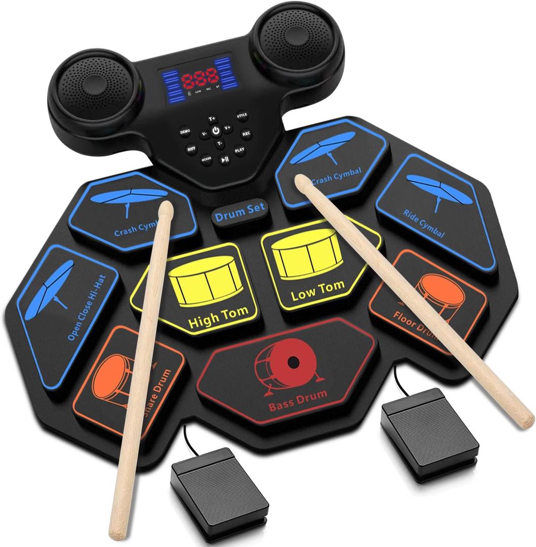 Electronic Drum Set - YUOIOYU Electric Drum Set Roll Up Portable Drum Kit MIDI Practice Drum Pad with Dual Built-in Speaker, Drum Sticks and Pedals, Christmas Birthday Gift for Kids Adult (Colorful)