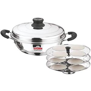 Stainless Steel Idli Maker with 3 Plates (12 Idlis) | 27.5 cm Steamer Kadai with Lid | Mirror Finish | Multipurpose Idli, Dhokla & Momos Steamer | Silver