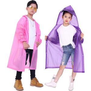 Kids Rain Jacket, 2 Pack Rain Ponchos for Kids - Reusable Raincoats for Boys and Girls Waterproof Outdoor Rain Gear (6-11 Years, L: Pink + Purple)