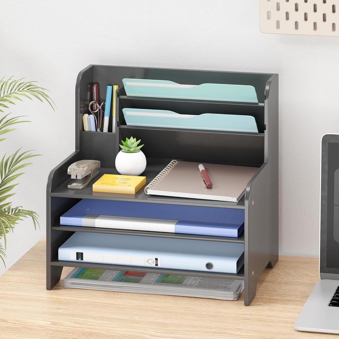 Bamboo Desk Organizer Mail Holder Countertop Letter Tray File Desktop Mail Holder Countertop Organizer for Desktop Letter Sorter Paper File Storage for School Home Office Supplies (Large, Black)