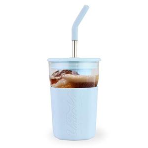 wangsdjy 15oz Glass Tumbler With Straw and Lid - Iced Coffee Cup, Smoothie Cup with Silicone Sleeve and Tea Strainer, Glass Tumbler for Smoothies, Flower tea, Coffee, Juices (Blue)