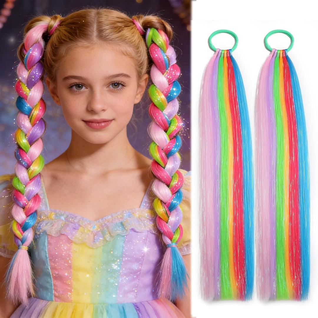Colorful Hair Extensions for Braids Ponytail Extension 2 Packs, 20 inch Crazy Hair Day Accessories for Women, DIY Festival Wacky Rave Braids,Tinsel Mixed