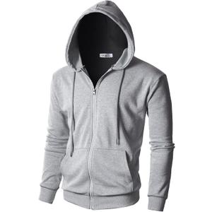 Ohoo Men's Zip Up Hoodie Lightweight Slim Fit Sweatshirt Full Zip Solid Color Hooded Jacket / DCF102-GREY-MT