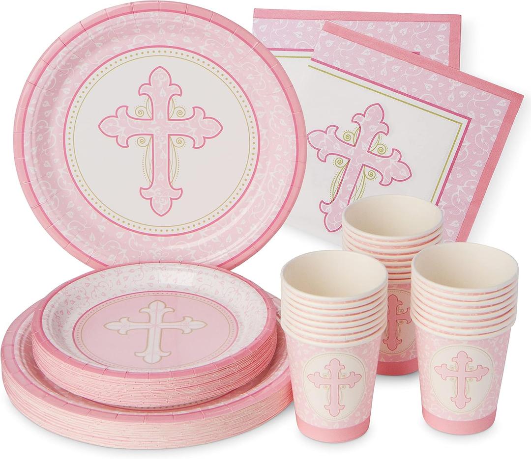 Royal Bluebonnet Pink Baptism Plates and Napkins - Set of 24 First Holy Communion Party Supplies, Baptism Decorations for Girls, Easter Paper Plates and Napkins, Religious Confirmation Decorations