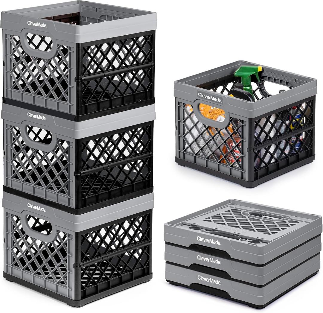 CleverMade Collapsible Milk Crate 25L (6.6 Gal) 3 Pack, 50 lb Capacity Heavy Duty Folding Crate  Stackable Storage Crates with File Rails, Plastic Collapsible Crates - Stone