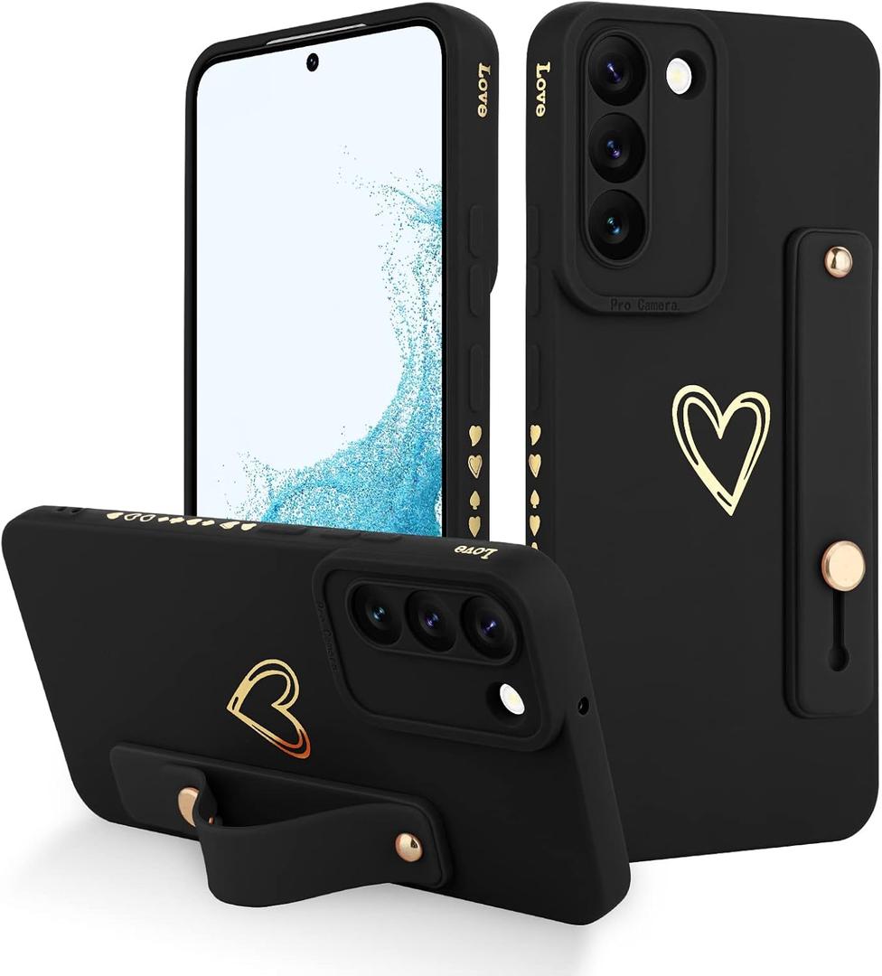 Fiyart Designed for Galaxy S22 5G Case with Phone Stand Holder Cute Love Hearts Pattern Slim Protective Camera Protection Cover with Wrist Strap for Women Girls for Galaxy S22 5G 6.1"-Black