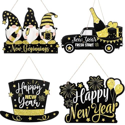 RattanView 4 Pieces Glitter Happy New Year Door Sign 2026 Black and Gold Wooden Hanging Sign New Year Eve Party Gnome Hat Front Door Porch Wall Decorations Supplies