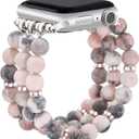 JR.DM Natural Stone Beaded-Bands Women Compatible with Apple Watch Series 11 10 9 8 7 6 5 4 SE 3 2 1 Ultra Fashion Stretch Handmade Bracelet Boho Elastic Strap for iWatch 42mm(S3/2/1) 44/45/46/49mm (Pink Zebra)