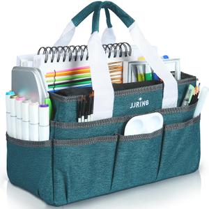 JJRING Craft Organizer Tote Bag for Art Storage, Caddy with Multiple Pockets, Bluish Green Sewing Bag for Scrapbooking, School, Medical, and Office Supplies (Small)