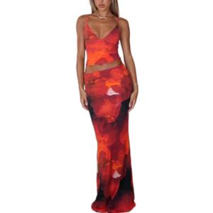 ksotutm Maxi Skirt Set Floral Print Halter Top Maxi Skirt Sexy Going Out Outfits for Women (Medium, Orange)