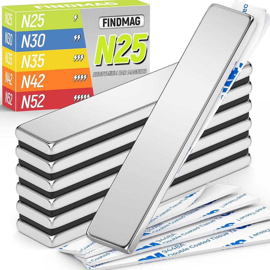 FINDMAG Silver Bar Magnets, 6 Pack Bar Magnet with Double-Sided Adhesive, Magnets Bar for Fridge, Garage, Kitchen, DIY, 60x10x3mm (N25 Grade)