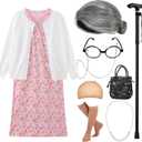 EBYTOP 100 Days of School Costume for Kids 100th Day Halloween Old Lady Costume Dress up Granny Wig Grandma Glasses Cane, 2-WH 4-6 Years