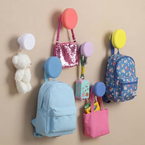 Otoolling 6 Pack Knobs Wall Coat Hooks for Kids Round Colorful Wood Adhesive Coat Circle Hangers Decorative Hooks for Wardrobe Classroom Bedroom Nursery Hats Scarf Bag Towel Hanging Rack