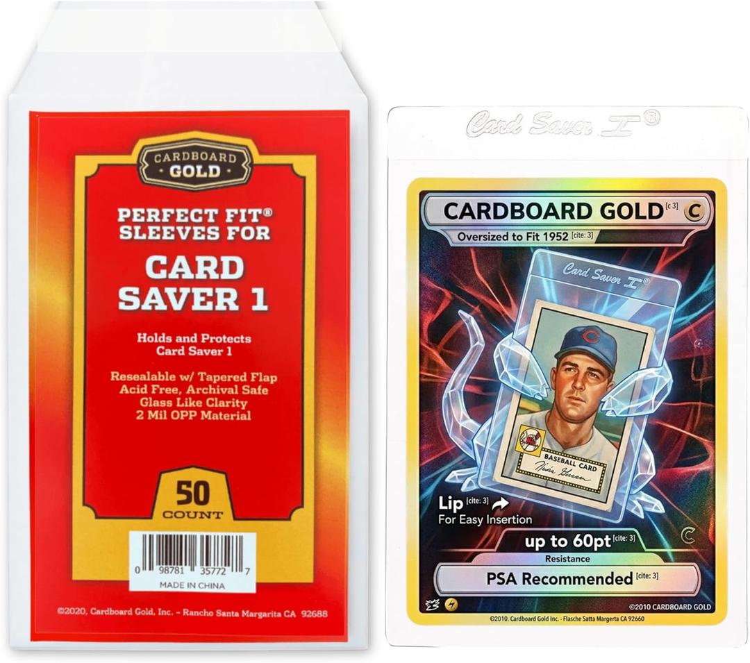 Cardboard Gold Card Saver 1 Sleeve -Resealable Perfect Fit Sleeves for Card Saver 1 semi-ridged Holder - Acid-Free Archival Safe - Glass-Like Clarity - Protect from Scratches/Dirt (50 Sleeves)