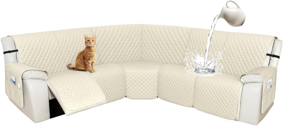 Arfntevss Recliner Sectional Couch Covers 1OO% Waterproof L Shape Sofa Cover for Reclining L Shaped Sectional Slipcover Set for Dog Washable Corner Non Slip Furniture Protector (5 Seater, Beige)