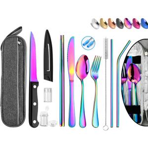 Portable Reusable Travel Utensils Silverware With Case, Camping Cutlery Set, Chopsticks and Straw, Flatware With Case, Stainless Steel Rainbow Top