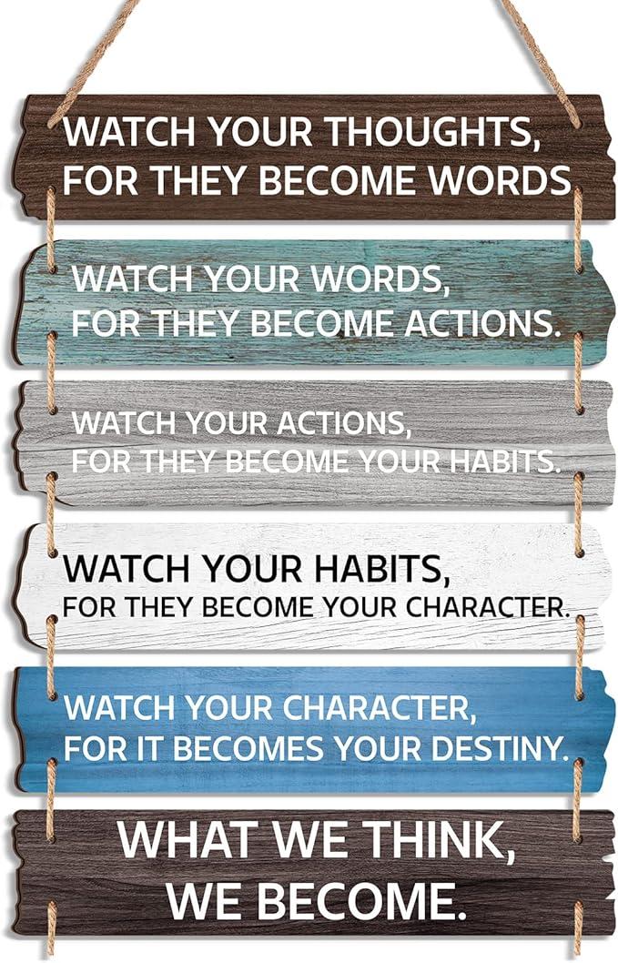 6 Pcs Inspirational Wall Art Decor for Office Watch Your Thoughts Wooden Hanging Motivational Wall Decor Rustic Positive Quotes Plaques for Classroom Home Bedroom Kitchen Living Room(Classic Style)
