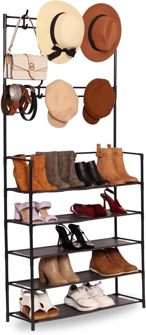 5-Tier Shoe Rack & 8-Hook Coat Stand  Black Metal Organizer for Bedroom, Entryway, or Living Room  Space-Saving Floor Rack, Easy Assembly