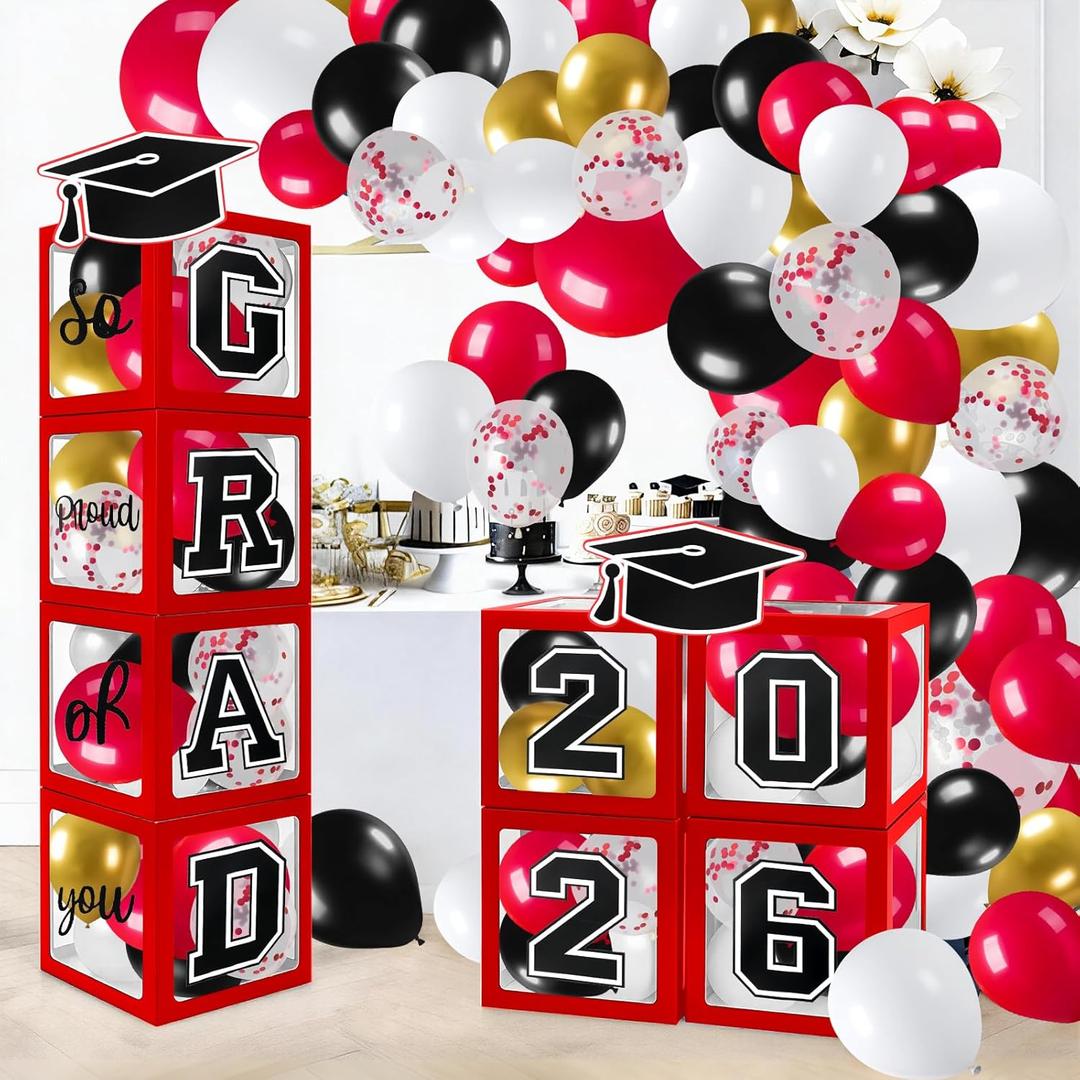 Graduation Decorations 2026 Graduation Party Decorations Set of 4 Boxes with 129pcs Balloons Arch Garland Kit Party Supplies for Any Grades Red