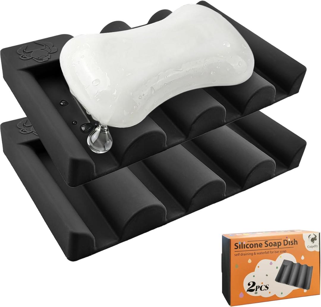 Silicone Soap Dish,Self Draining Soap Holder Perfect for Shower,Bathroom Sink,Kitchen Sink & Travel,Non-Slip Bar Soap Holder Extend Soap Life,Keep Soap Bars Dry & Easy Cleaning Black-2Pcs