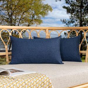 Kevin Textile Pack of 2 Decorative Outdoor Waterproof Throw Pillow Covers Checkered Lumbar Pillowcases Classic Cushion Cases for Patio Couch Bench 12 x 20 Inch Blue