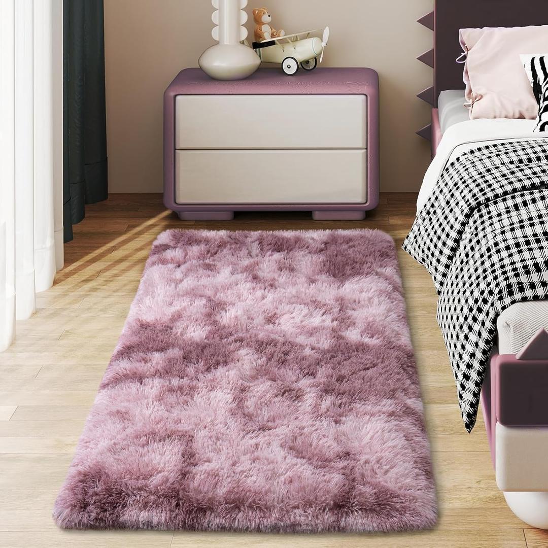 Soft Runner Rugs for Bedroom Hallways, 2x4 Tie-Dyed Grey Purple Fluffy Shag Throw Area Rug Non Slip for Bedside Dorm, Long Shaggy Furry Carpet for Nursery Living Room