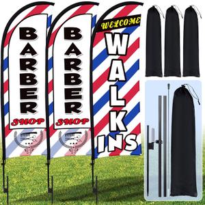 Buryeah 3 Sets 12ft Barber Shop Welcome Walk Ins Feather Flag Signs Barbershop Banner Swooper Flag with Flagpole Ground Stake Portable Bag for Salon Business Outdoor Advertising