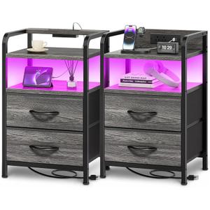 Huuger Nightstands Set of 2, Night Stand with LED Lights, Charging Station